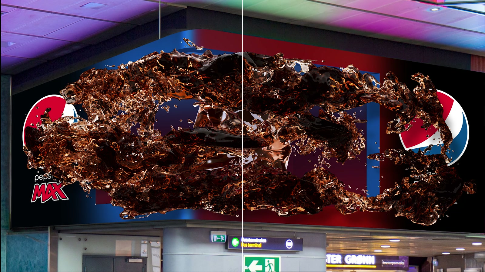 Giant Pepsi cola illusion pouring out of a corner billboard
